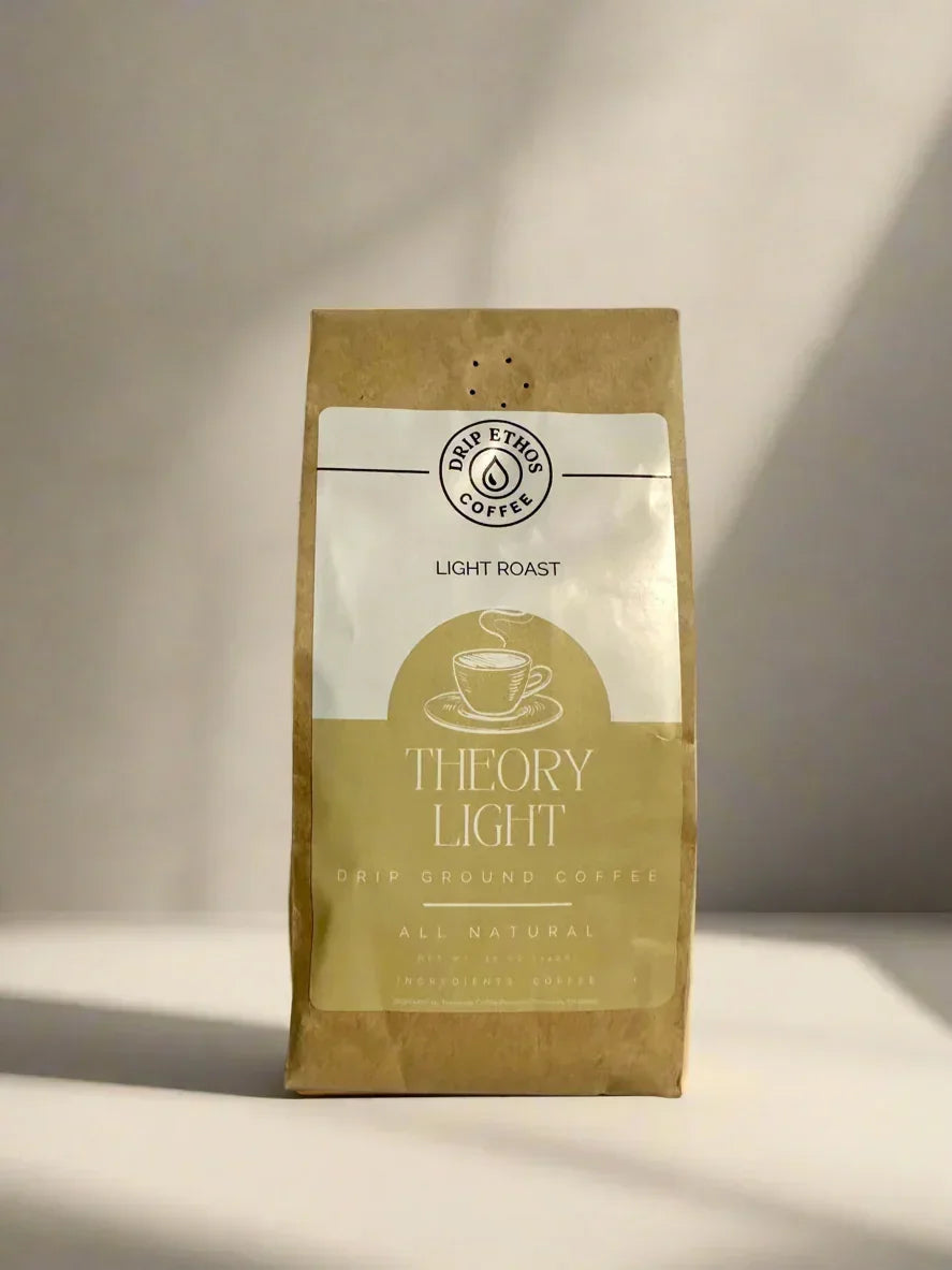 Drip Ethos Coffee Theory Light roast drip ground coffee bag on neutral background