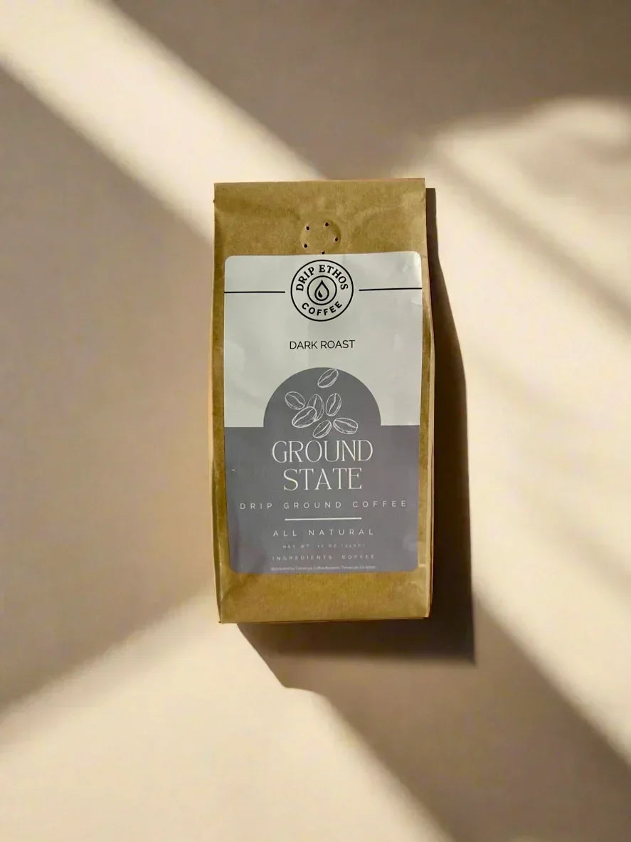 Drip Ethos Ground State dark roast drip ground coffee bag in natural light
