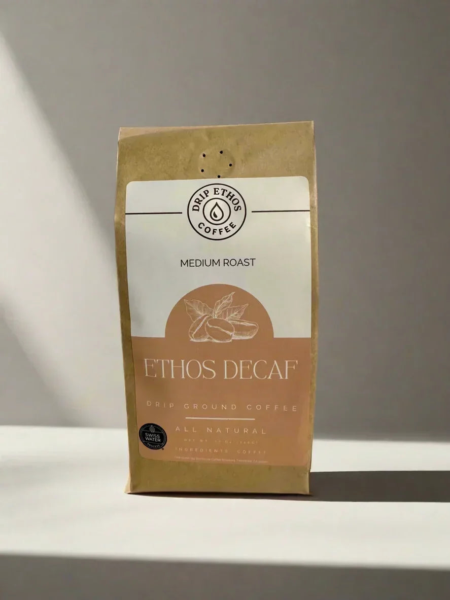 Ethos Decaf medium roast drip ground coffee bag in natural light on a minimalist background